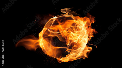 This striking image features a sport ball blazing with fire against a deep black backdrop, symbolizing the intensity and fervor of sports. © Bela