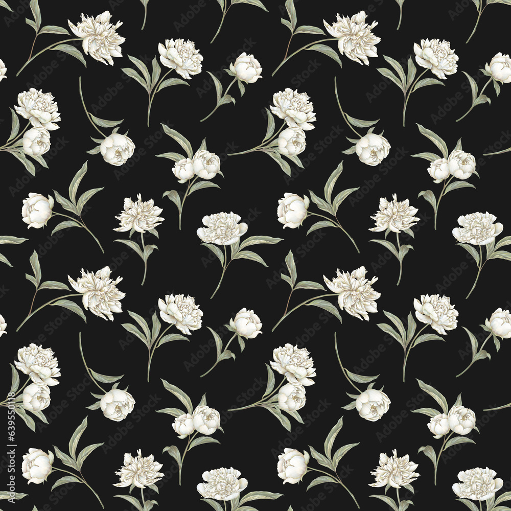 White pastel peony seamless pattern. Hand drawn blooming floral background. Soft tones