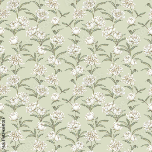 White pastel peony seamless pattern. Hand drawn blooming floral background. Soft tones