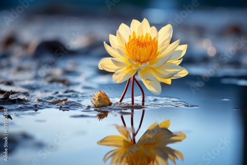 Yellow flower on icy water with blue reflection on blurry backdrop. Generative AI