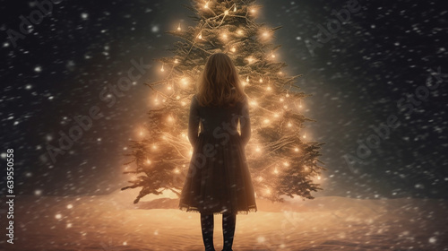 Back view of a young woman standing in front of a beautiful decor christmas tree in a night scene of christmas 