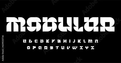 Modular geometric alphabet, edgy sharp bevel in letters, cool font for creative logo, stylish monogram, futuristic headline, contemporary abstract typography, urban typographic design. Vector typeset.