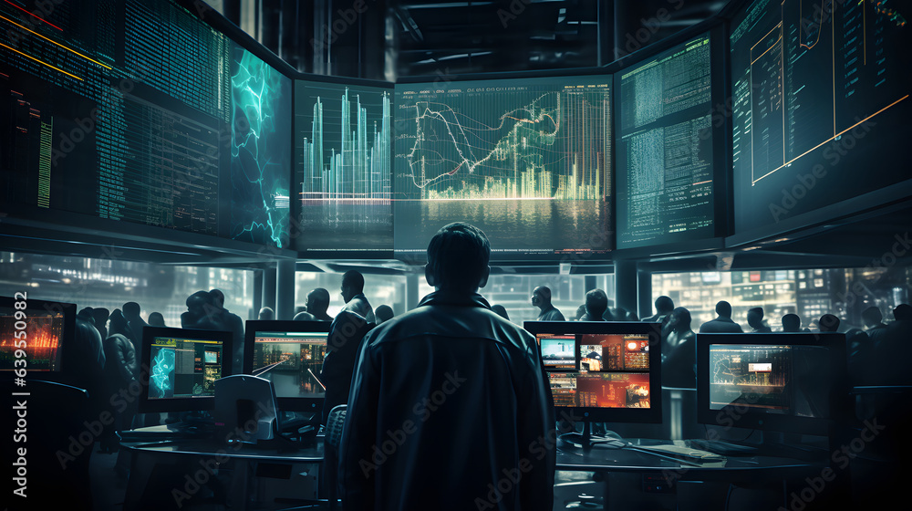 Financial Analyst Working on Computer with Multi-Monitor Workstation with Real-Time Stocks, Commodities and Exchange Market Charts. Financial Analyst Working on Computer with Multi-Monitor Workstation with Real-Time Stocks, Commodities and Exchange Market Charts.