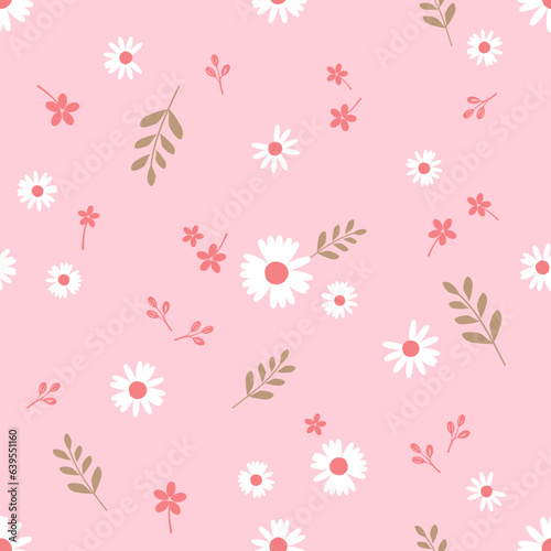 Seamless pattern with daisies, red flower and green branches on pink background vector illustration.