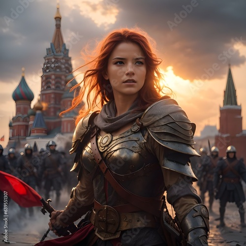 Red-haired warrior woman at Red Square in Russia, Generative Ai