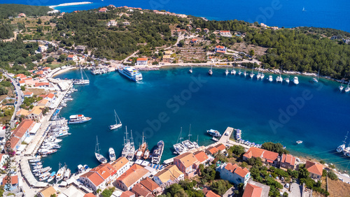 Aerial drone panorama of Fiskardo village port on Kefalonia island, Greece © unai