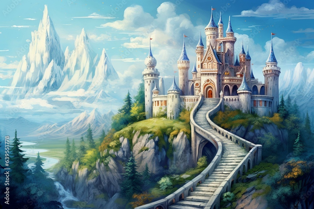 Castle on hill for fairy tales - scene for children's illustration. Generative AI