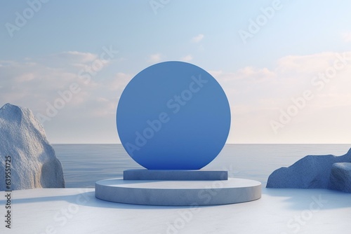Minimal cool-tone background with a blue stone podium  water  sunshade shadow  and a cold winter mood. Realistic  3D render illustration. Generative AI