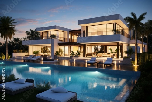 Contemporary house boasting a pool and upscale design. Generative AI © Lior