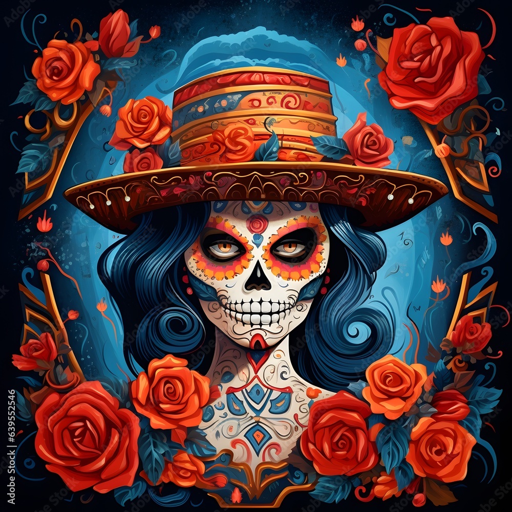 Dia de los Muertos or Day of the Dead in Mexico. Calavera Catherine sugar skull woman portrait on blue background