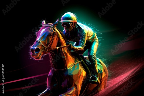 Horse jockey racing neon. Generate Ai
