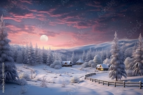 Evening winter landscape with snowfall and serene nature in 3D illustration. Generative AI © Mace