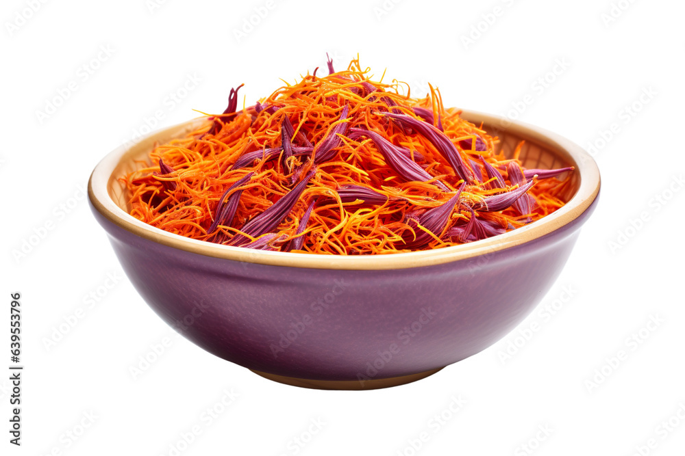Dried saffron flowers in a bowl isolated on a white background PNG Dried saffron flowers in a bowl isolated on a white background PNG