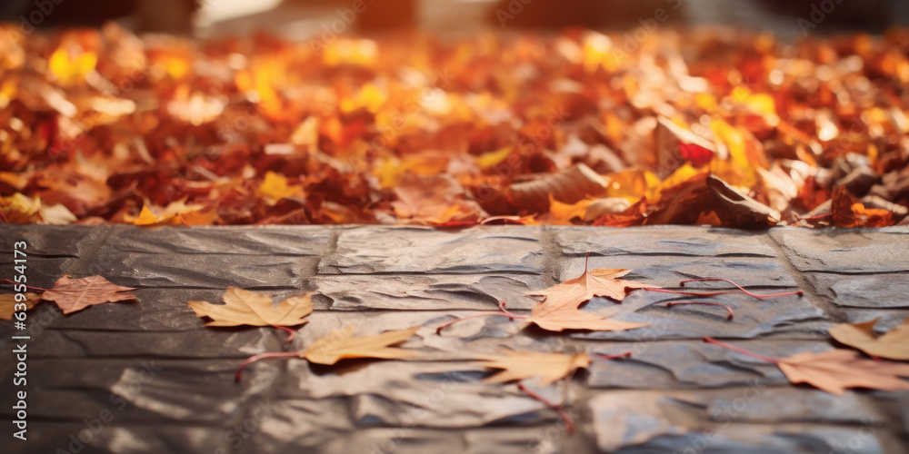 Empty stone texture table. Blurred autumn falling leaves background
