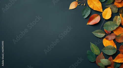 Top view, autumn orange, red, yellow fresh leaves, on dark green background with place for text.