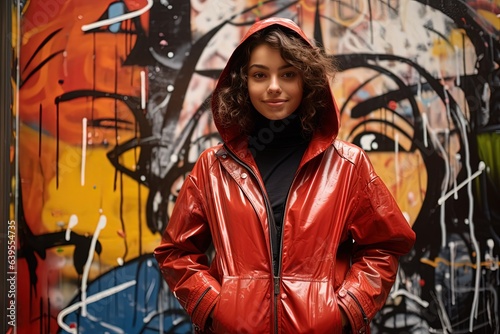 happy woman wearing red jacket with graffiti street art background, Generative Ai