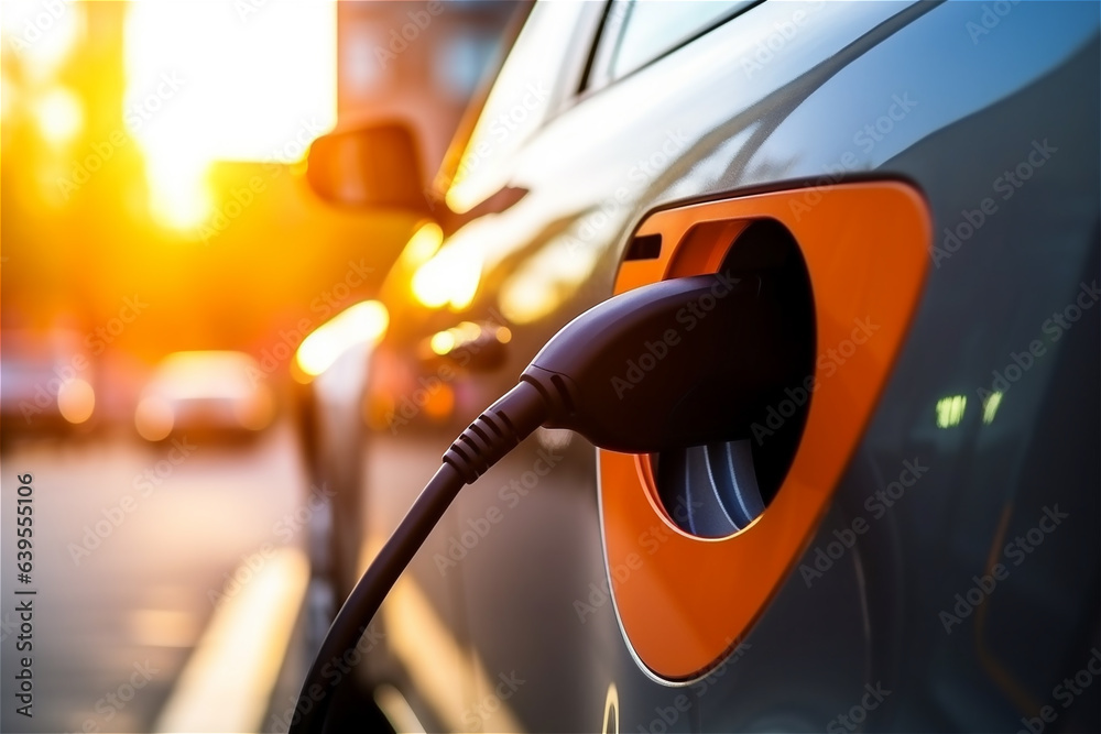 electric car charging from charging station. charging electric car at outdoor charging station electric car charging from charging station. charging electric car at outdoor charging station