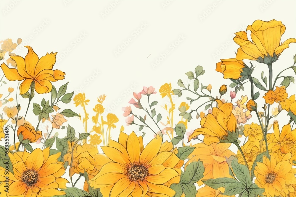 A floral border with vibrant yellow flowers, showcasing a spring-themed illustration. Generative AI