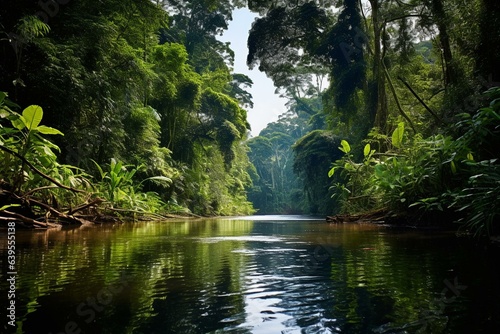 Lush river scene in the Amazon rainforest. Generative AI