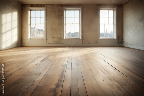 Empty urban house with bare wooden floors. Generative AI