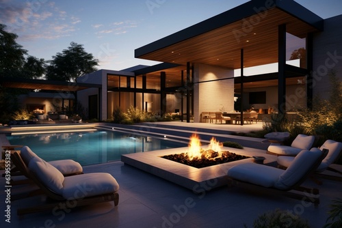 A modern home featuring an outdoor courtyard  swimming pool  and firepit showcased in a 3D rendering. Generative AI