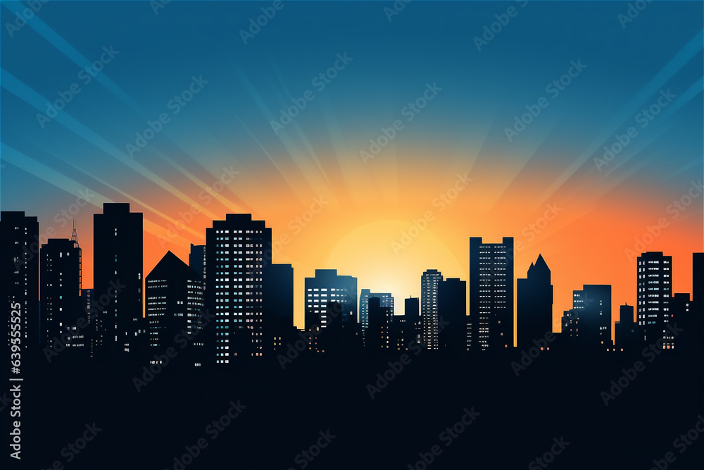 evening city view sillouette with bright colorful sky on the sunset