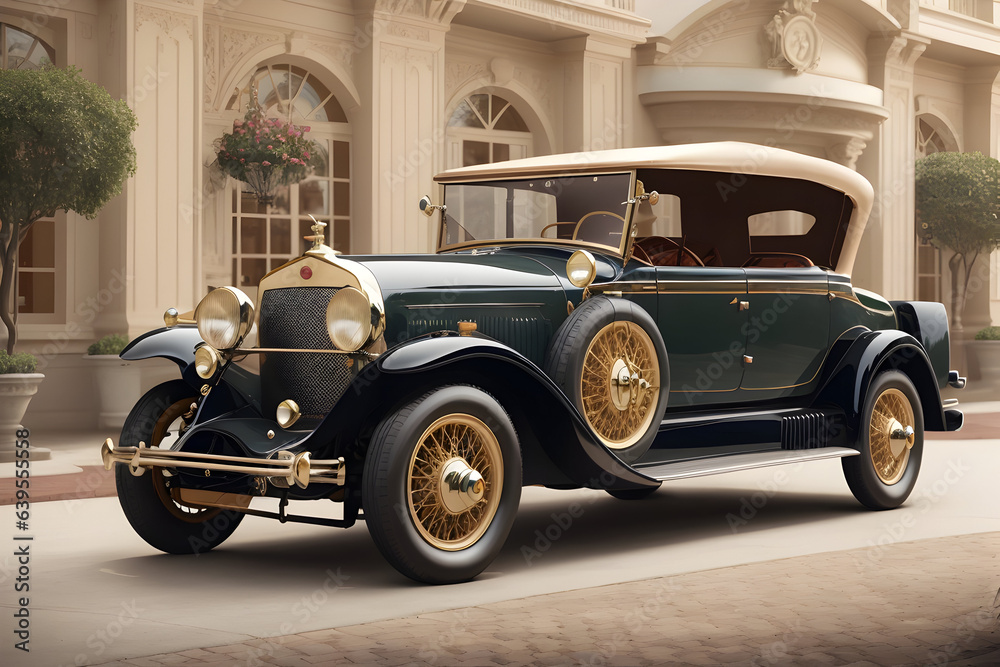 An elegant, vintage-style motor car with a classic design and intricate details. Generative AI