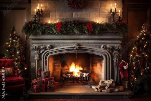A cozy evening by the fireplace in a house decorated for Christmas holidays.