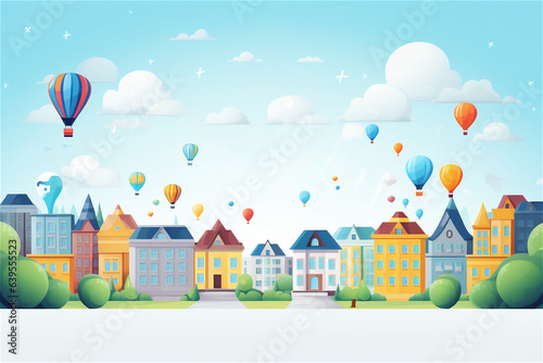 hot air balloons flying over city streets and houses in blue sky with copy space photo