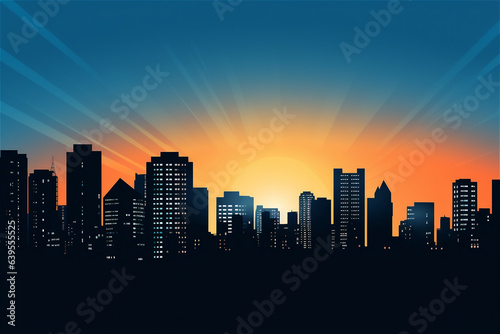 evening city view sillouette with bright colorful sky on the sunset