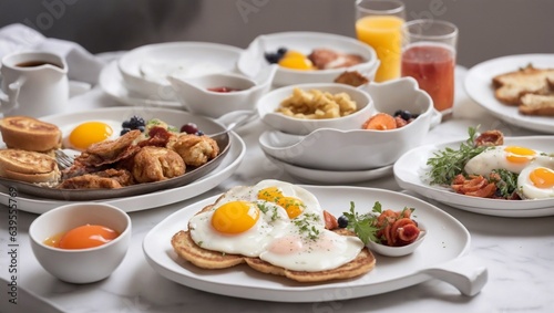 Brunch breakfast platter in white plates including eggs,bread, vegetables,fried fish