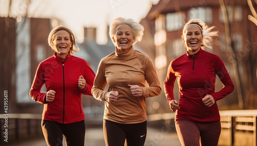 three woman in different age old and young women jogging running together in park, healthy lifestyle, Generative Ai