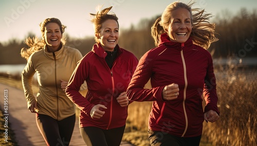 three woman in different age old and young women jogging running together in park, healthy lifestyle, 
 Generative Ai