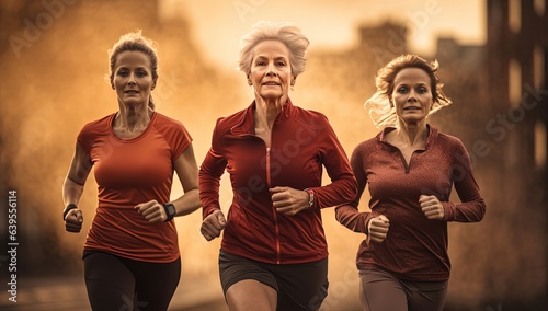 three woman in different age old and young women jogging running together in park, healthy lifestyle, \
 Generative Ai