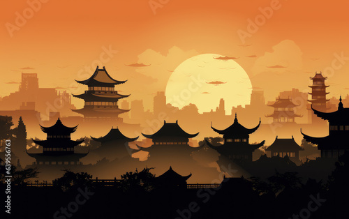 Background scene with traditional chinese buildings silhouette at sunset