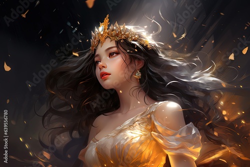 painting style illustration of beautiful fairytale princess wearing crown, Generative Ai  photo