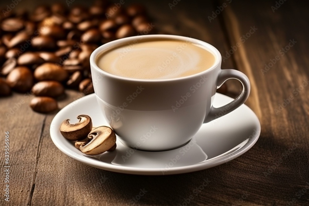 Mushroom coffee in white cup with wooden background. Trendy superfood concept. Generative AI