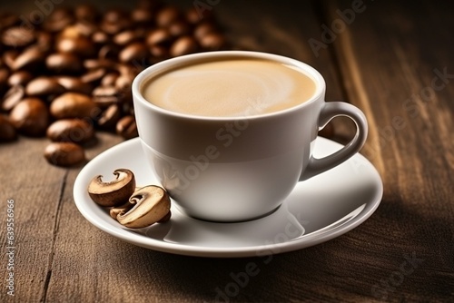 Mushroom coffee in white cup with wooden background. Trendy superfood concept. Generative AI