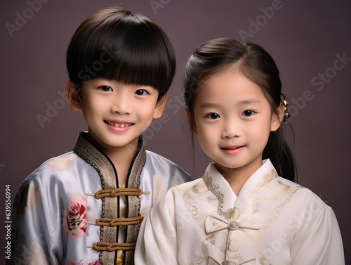 Two asian kids wearing traditional chinese clothes smiling in Chinese New Year celebration concept photo