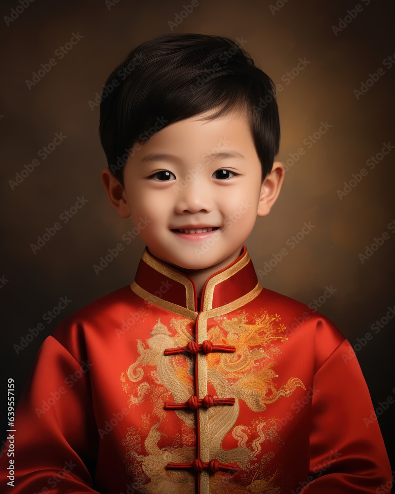 Chinese boy wearing mandarin dress as Chinese New Year concept standing and smiling Chinese boy wearing mandarin dress as Chinese New Year concept standing and smiling