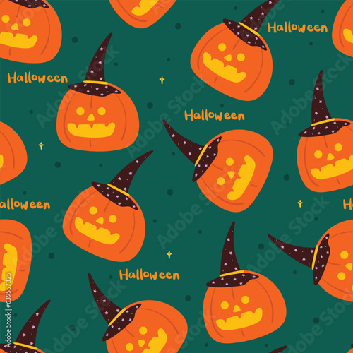 Halloween seamless pattern with cartoon pumpkin, cat, ghost, and halloween element. cute halloween wallpaper for holiday theme, gift wrap paper