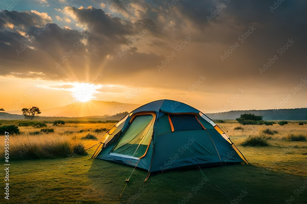 Outdoor camping photo. tent in the middle of nature, beautiful landscape. natural, protected area