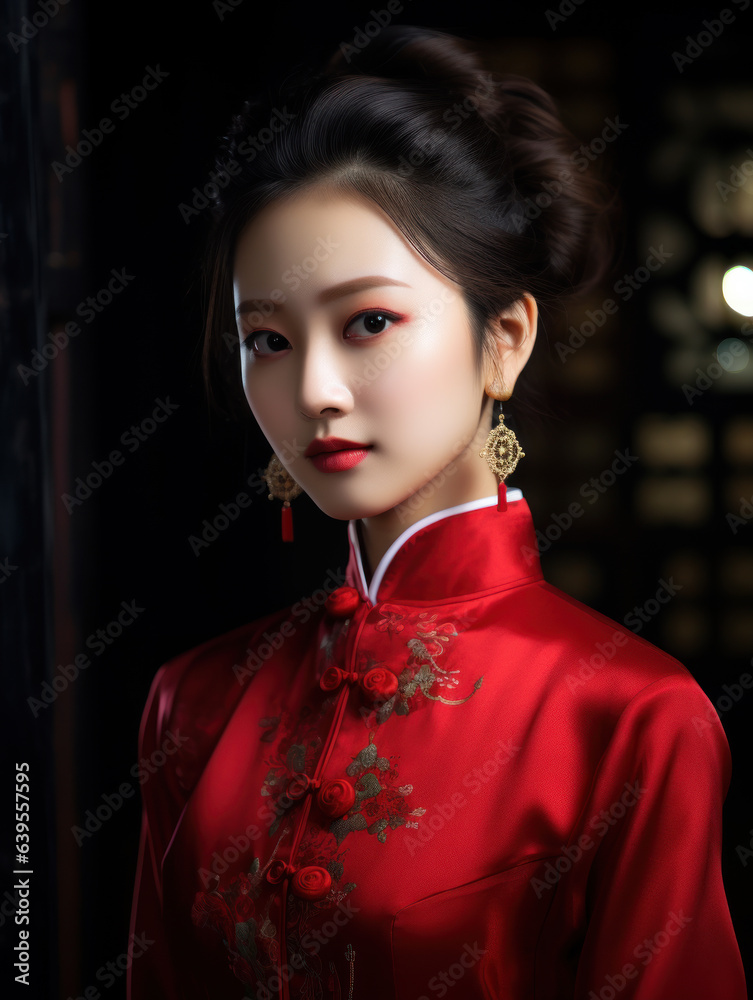 Portrait smiling beautiful young Chinese woman in traditional red dress ...