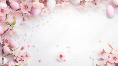 Easter natural floral banner copy space border decorated with egg pink blooming flowers lily rose tender delicate feminine religious 