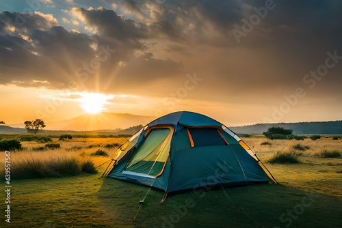 Outdoor camping photo. tent in the middle of nature, beautiful landscape. natural, protected area © Pretty Panda