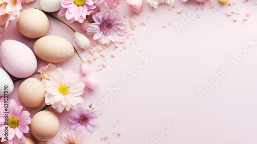 Easter natural floral banner copy space border decorated with egg pink blooming flowers lily rose tender delicate feminine religious 