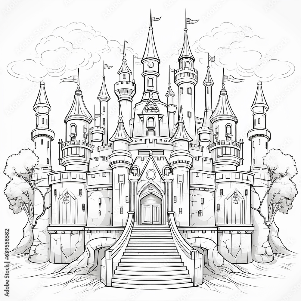 Fantasy Princess Castle Illustration for Coloring