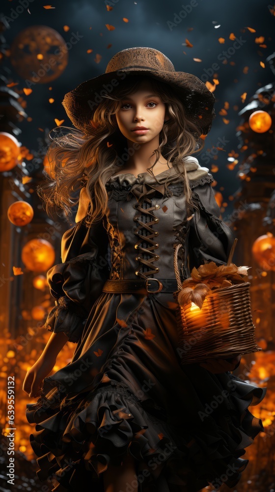 A girl trick or treating on Halloween night. A girl trick or treating on Halloween night.
