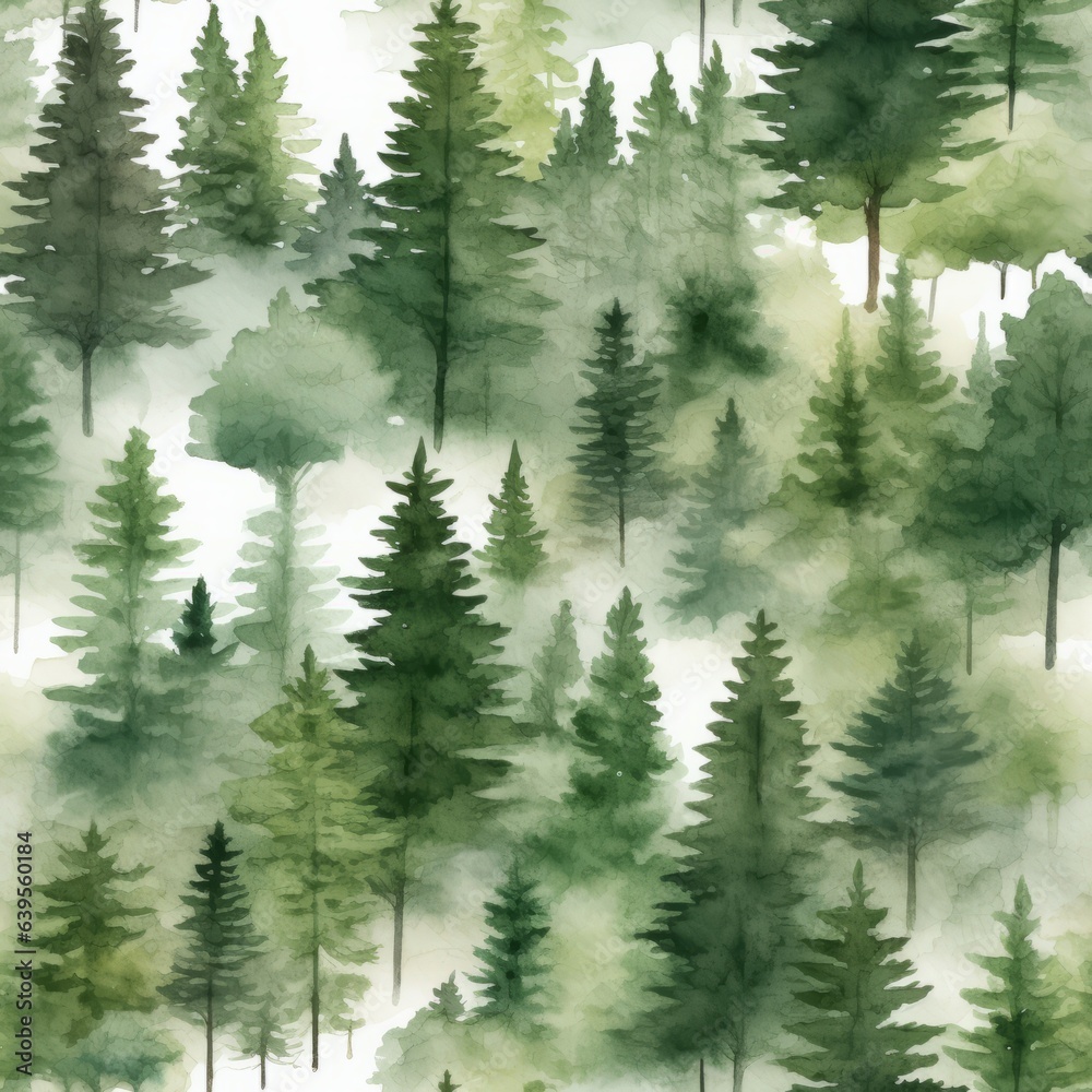 Fototapeta premium Watercolor seamless forrest pattern. Generated AI.