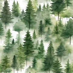 Papier peint photo Paysage patrons Forêt aquarelle motif vert répété  © reznik